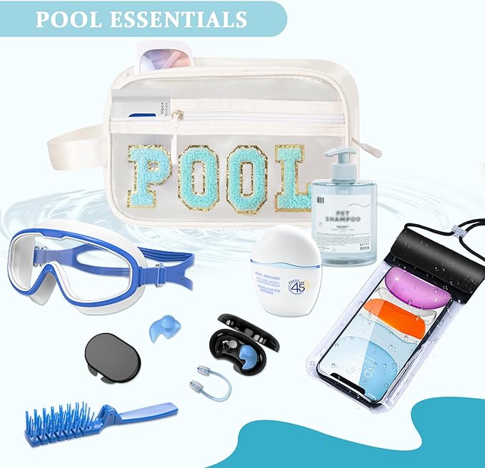 COSHAYSOO Clear POOL Makeup Bag Small Travel Pouch for Women Teenager Girls Pool Accessories Stuff Organizer Preppy Chenille Letter Patch Summer Girly Things