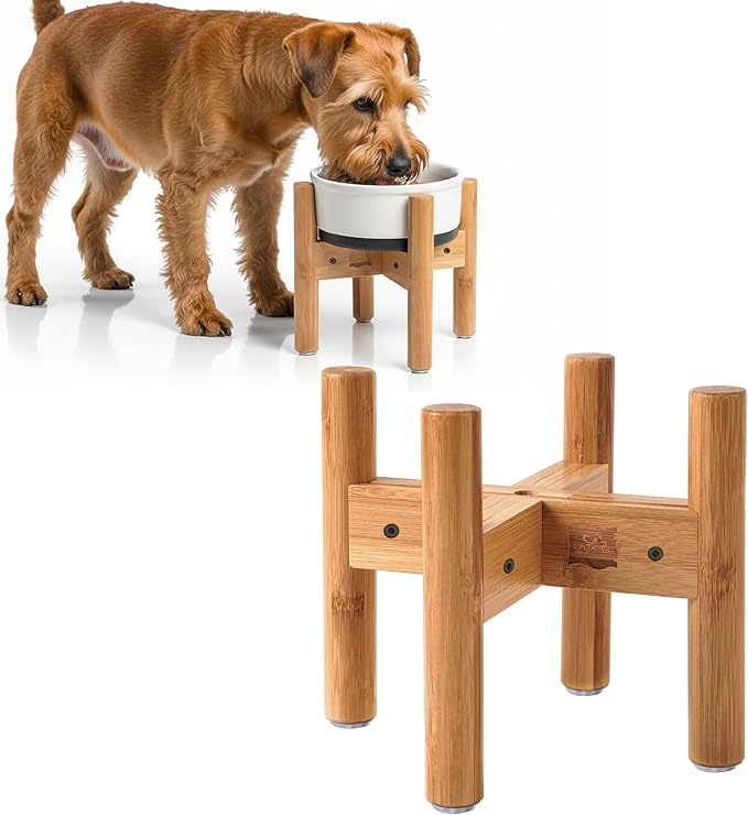 Dog Bowl Stand - Raise, Elevate Bowls to 9-inch High - Adjustable, Fits 6 up to 8-inch Medium Dog Food/Water Feeders, Dishes and Fountains - Durable Bamboo