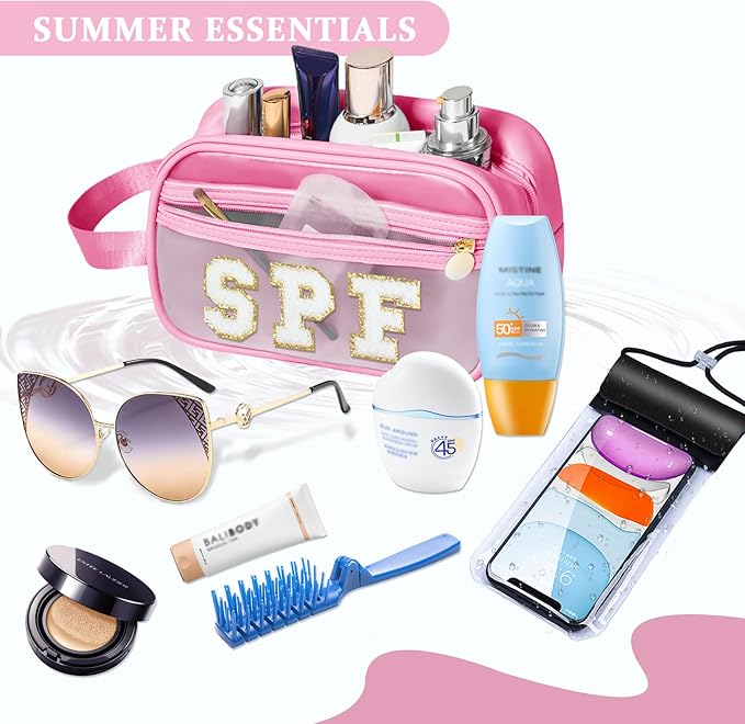COSHAYSOO Clear Sunscreen Bag Makeup Toiletries Pouch Beach Vacation Essentials Summer Travel Stuff Accessories Personalized Graduation Gifts for Women College Teen Girls Teacher Nurse Pink SPF
