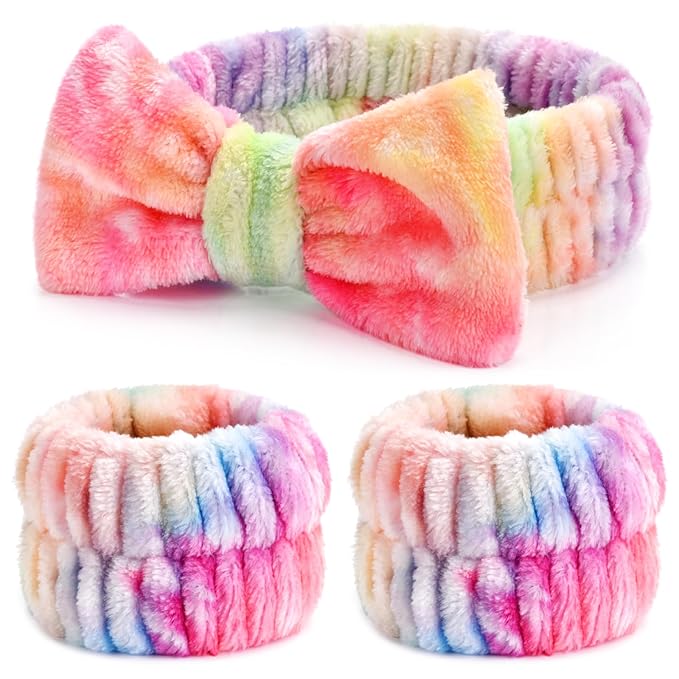 3PCS Spa Headband and Wristbands Set for Women, Soft Microfiber Face Wash Headband with Cute Bow, Elastic Absorbent Wrist Towels, Makeup Skincare Accessories for Facial, Shower, Yoga