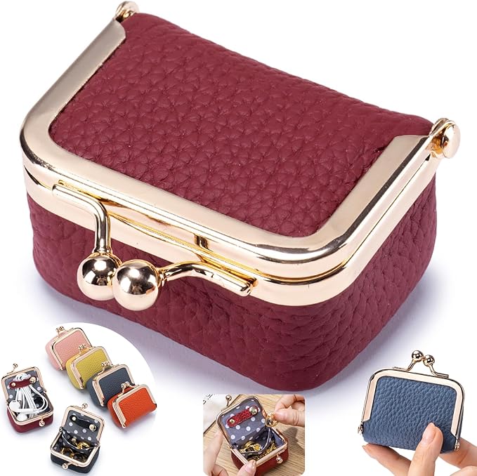 Genuine Leather Mini Jewelry Box - Vintage-Inspired Travel Jewelry Organizer with Kiss Lock, Compact Ring Box for Women, Perfect for Earrings, Rings, Necklaces, Bracelets - Ideal Gift for Her (Red)