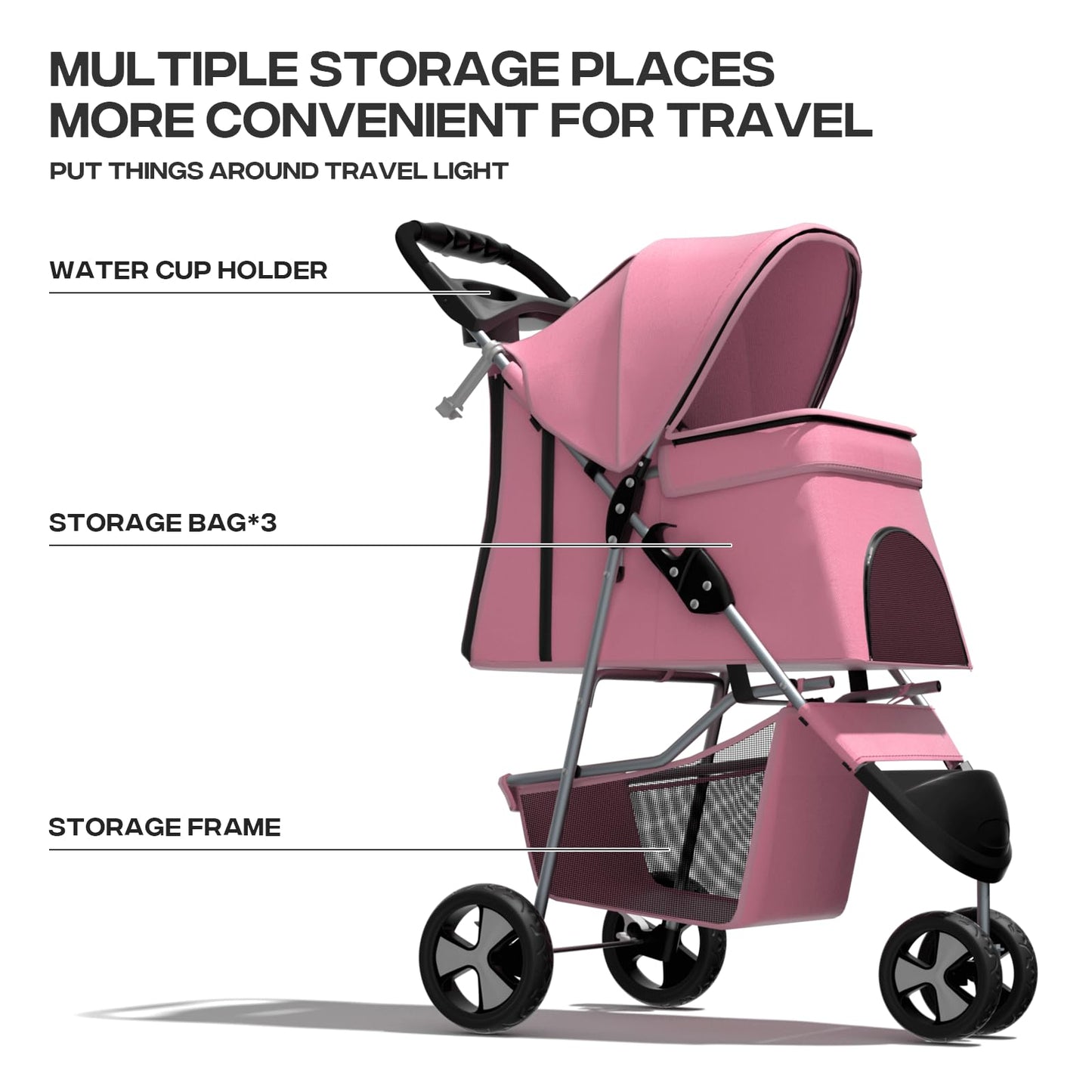 Pink Dog Stroller for Medium Dogs 30 lbs Pet Stroller for Small Dogs Cat Strollers for 2 Cats, 3 Wheels Foldable Jogger Puppy Stroller with Storage Basket and Cup Holder, Pink
