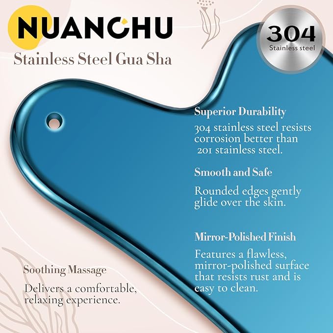 Nuanchu Stainless Steel Gua Sha Facial Tools Metal Guasha Tool for Face Body Jawline Shaper, Double Chin Reducer, Puffiness Reducing, Lymphatic Drainage Massager Skin Care Gift with Pouch(Blue)