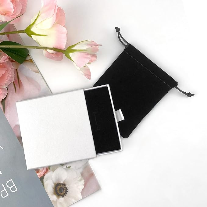 Small Jewelry Gift Box and Velvet Bag, Necklace Bracelet Earring Cardboard Organizer Square Jewellery Gift Box Pendent Storage Case for Birthday Xmas Christmas Wrapping (White)