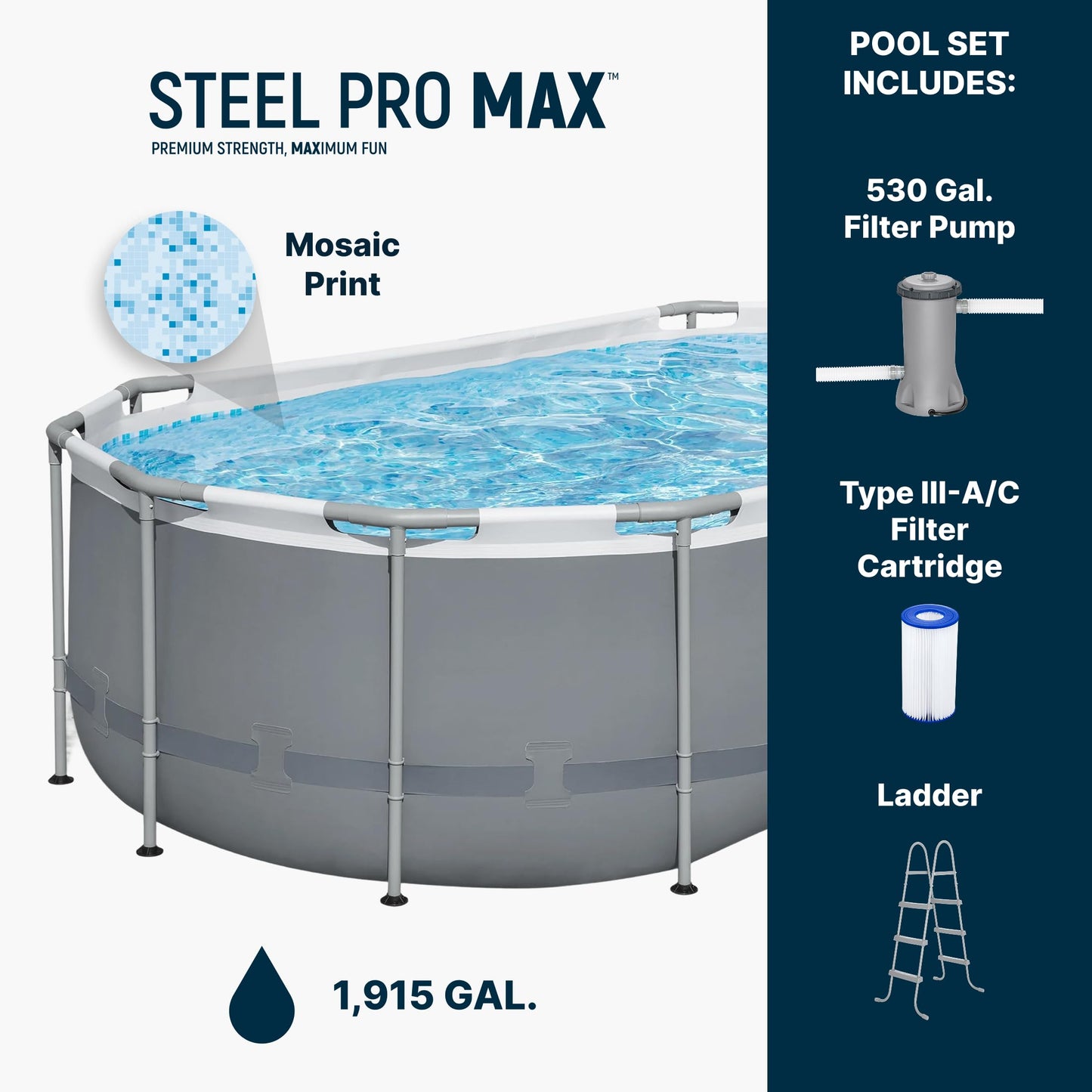 Bestway Steel Pro MAX 14' x 8'2" x 39.5" Oval Above Ground Swimming Pool Set, 530 GPH Filter Pump, Ladder, Tritech Puncture Resistant Liner, ClickConnect Steel Frame, Gray