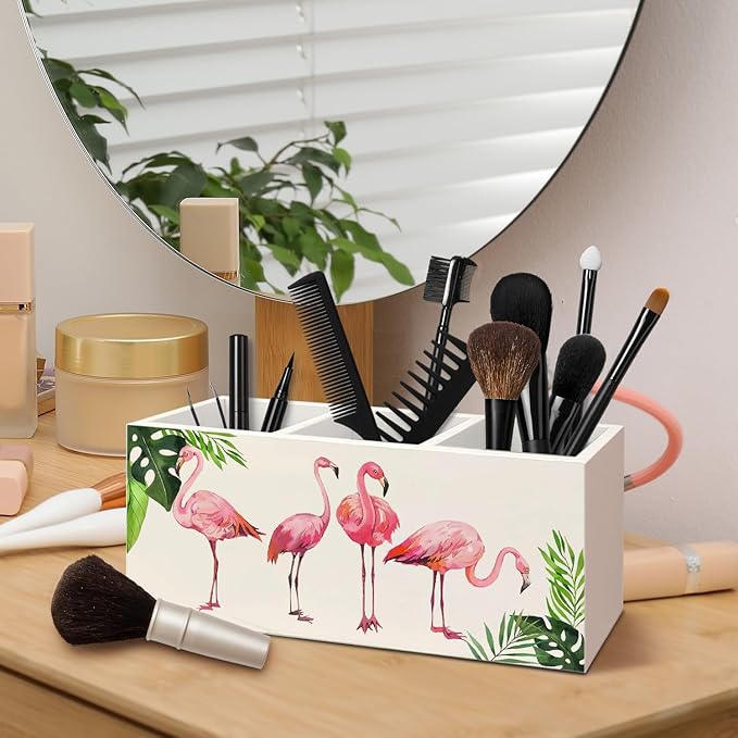 Tropical Pink Flamingo Wood Makeup Brush Toothbrush Holder Organizer for Vanity Bathroom,Pink Flamingo Gifts for Women,Girly Aesthetics Wooden Pen Pencil Holder for Desk Accessories