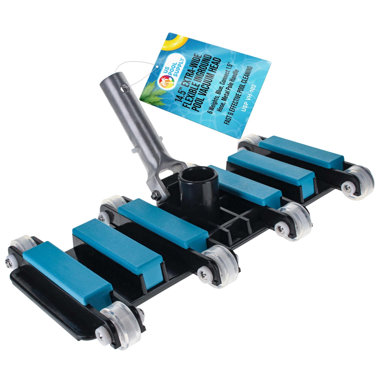 U.S. Pool Supply Manual Pool Vacuum Head for Inground Pools, Flexible, Extra-Wide, Weighted - 6 Weights, Blue, Connect 1.5" Hose, Metal Pole Handle - Swimming Cleaning Accessory Attachment, Vac