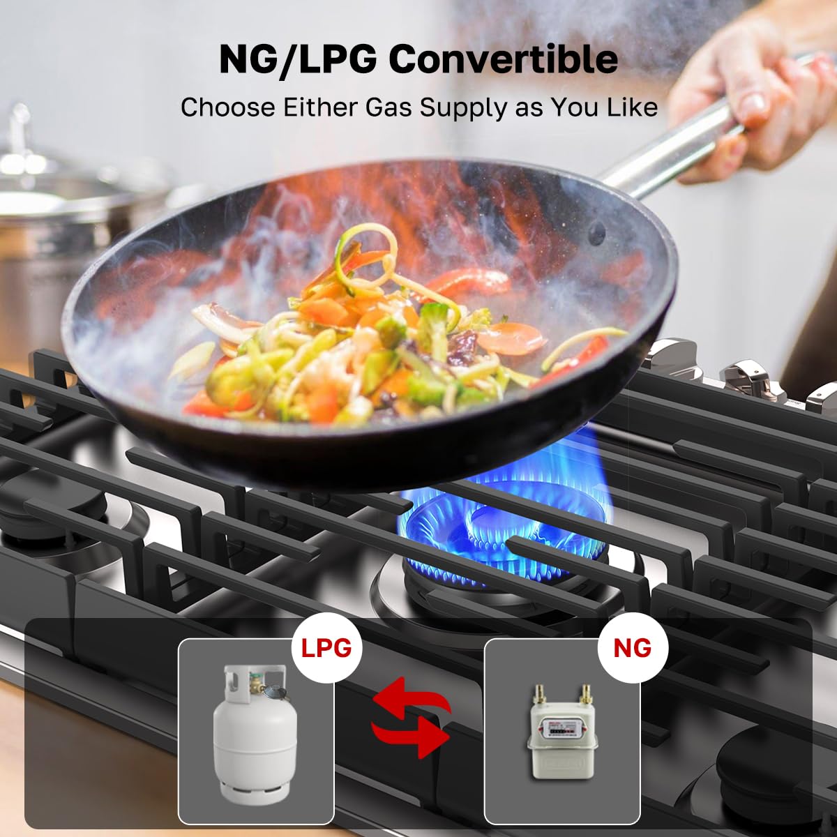 ThermoMate Heavy 36 Inch Gas Cooktop with 5 Italy Sabaf Power Burners, Built In Stove Top of 304 Stainless Steel, Gas Hob NG/LPG Convertible, Cooker with Thermocouple Protection CSA Certified