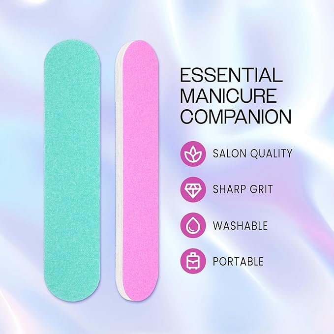 25PCS Mini Size PANA Professional Double Sided Nail Files - Pink&Teal, 100/100 Grit - Emery Board Nail Buffering File Manicure Pedicure Nail Polisher Washable