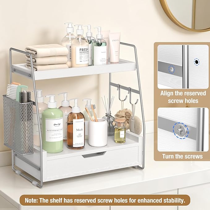 2 Tier Bathroom Counter Organizer Wood - Tiered Bathroom Countertop Shelf with Drawer, Removable Basket & 2 Hooks, Makeup Vanity Organizer for Skincare Perfume Toiletries, 13'' Silver