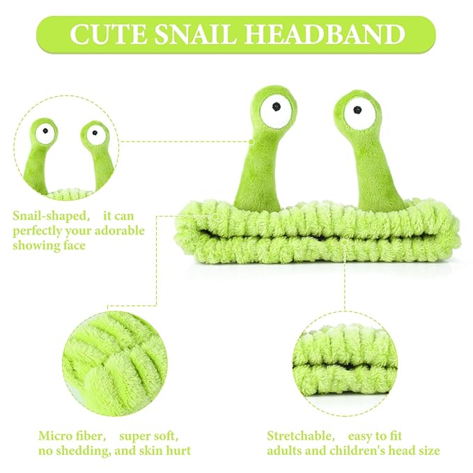 Face Wash Headband, Palm and Snail Spa Hair Bands Makeup Headbands Women Cartoon Cute Coral Fleece Elastic Headband Creative Hair Accessories for Washing Face Shower Sports (Fluorescent Green)