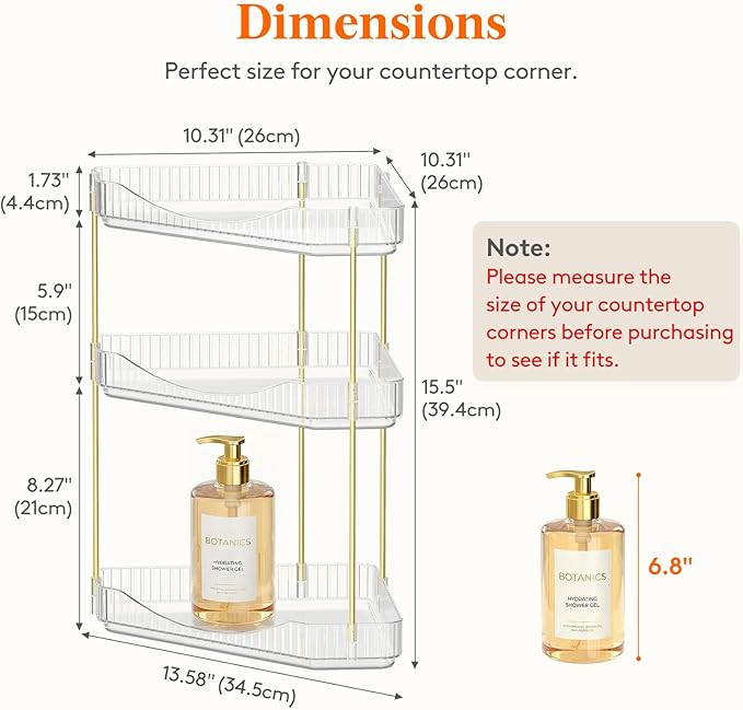 Lifewit 3-Tier Corner Bathroom Counter Organizer, Plastic Makeup Skincare Organizers Storage Countertop, Large Sink Cosmetic Perfume Shelf for Bedroom, Dresser, Kitchen, Vanity, Clear, 39 cm/15inch(H)