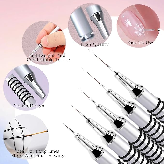 5pcs Nail Art Liner Brushes,Liner Brush Set,Liner Brush For Nails Gel,Painting Art Design Brush Set Nail Dotting Drawing Tool For Long Lines, Thin Details, Fine Drawing Sizes 7/9/11/20/25mm (Silver)