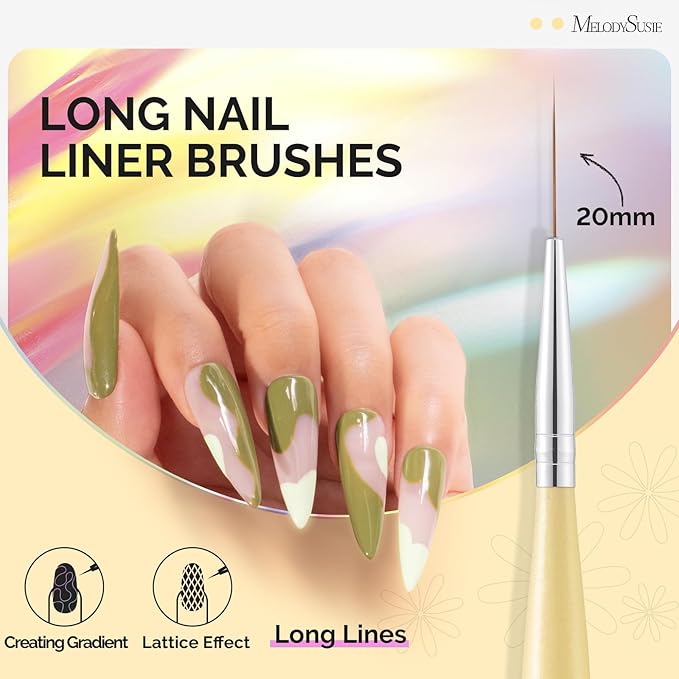 MelodySusie Nail Art Liner Brushes 5Pcs Professional Gel Polish Painting Art Design Pen Set for Thin Long Lines, Tiny Details, Fine Drawing, Delicate Coloring Sizes 5/7/9/11/20mm
