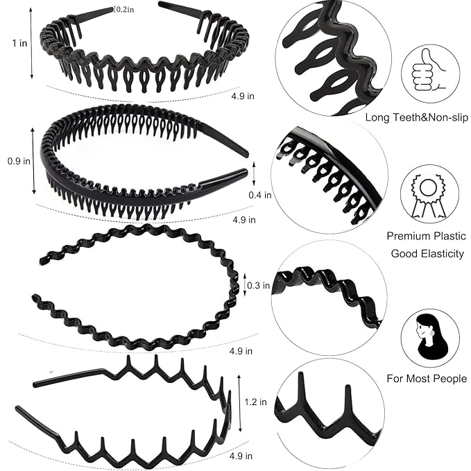 ULTIMUTE 8 PCS Fashion No Slip Effortless Plastic Headbands with Teeth Comb Black Skinny Headbands Hair Accessories Bands for Women Men Teen Girls, Classic Black Bright