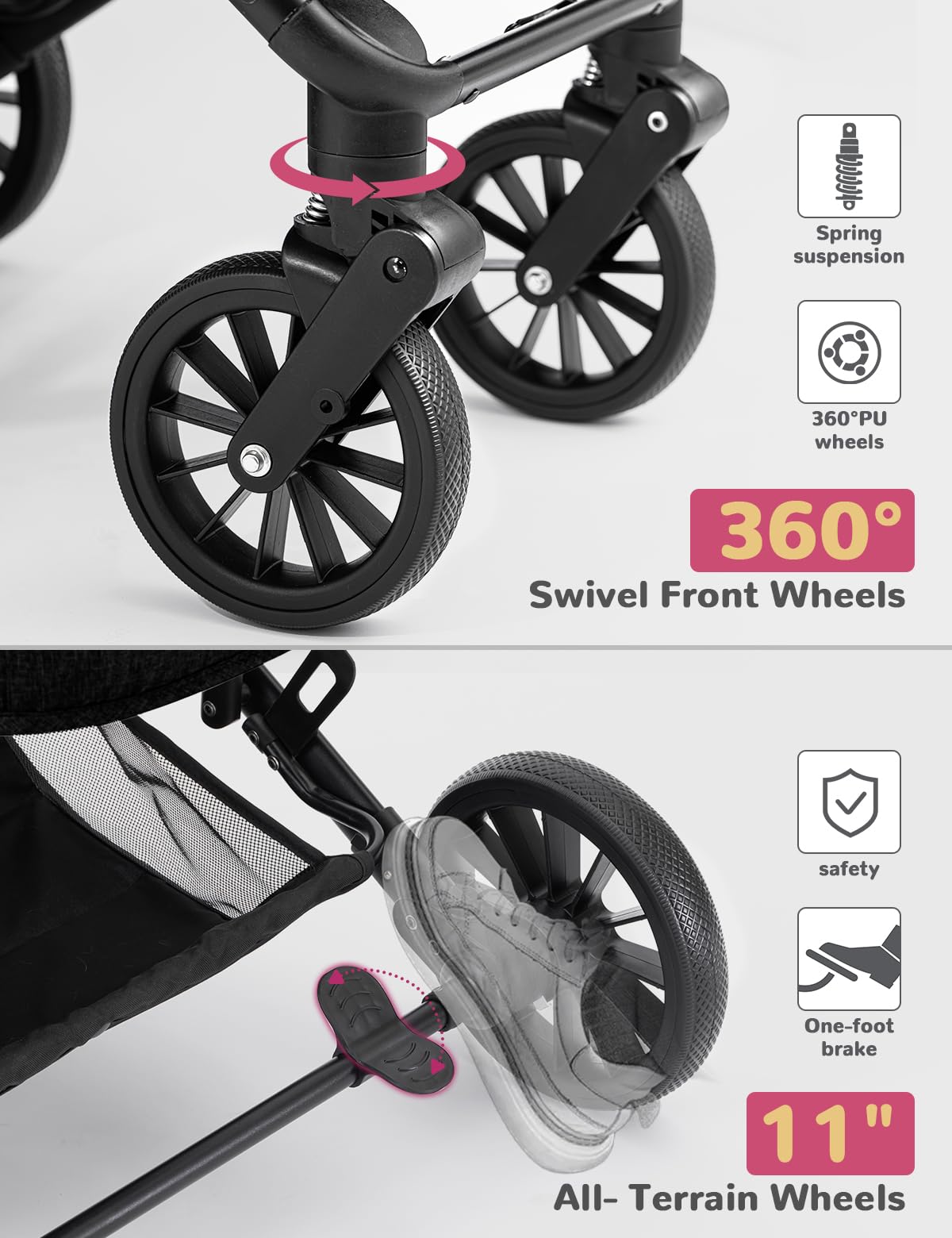 SUNTHX Dog Stroller for Small Medium Dogs Up to 60lbs, 4 Wheels Folding Pet Stroller with Detachable Carrier, Pet Travel Carrier for 2 Dogs & Cats, Storage Basket, Breathable Mesh, Cup Holder, Black