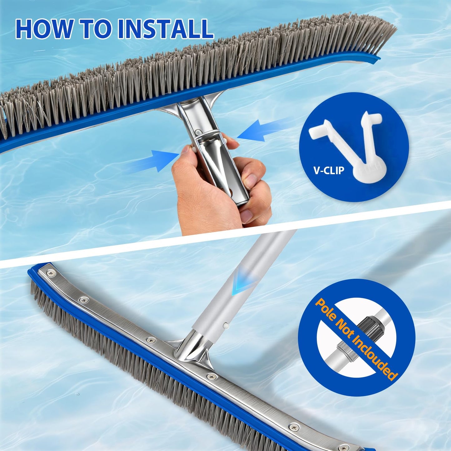 18" Wide Pool Brush Head - Combo Nylon & Stainless Steel Wire Bristles, Heavy Duty Metal Pool Brush for Extra Scrubbing Power, Curved Edge for Cleaning Inground Pool Tiles, Concrete, Walls, Corners