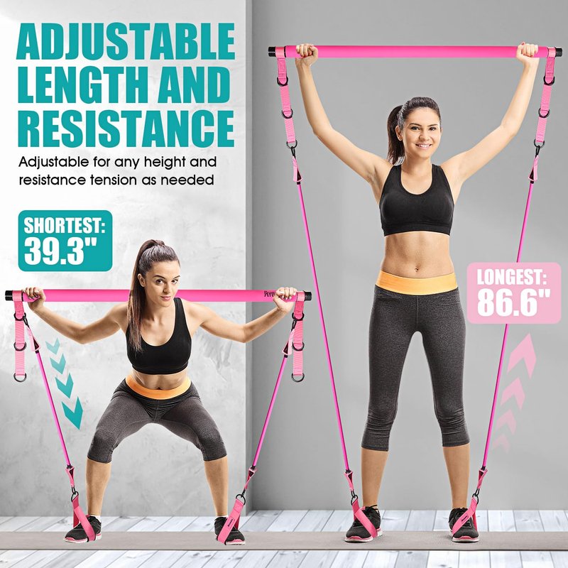 Ayombo Pilates Bar Kit with Resistance Bands, Adjustable Pilates Equipment for Legs, Hip, Waist, Arm, Squats Exercise Equipment for Home Gym Workouts, 3-Section Pilates Bar Kit for Women & Men