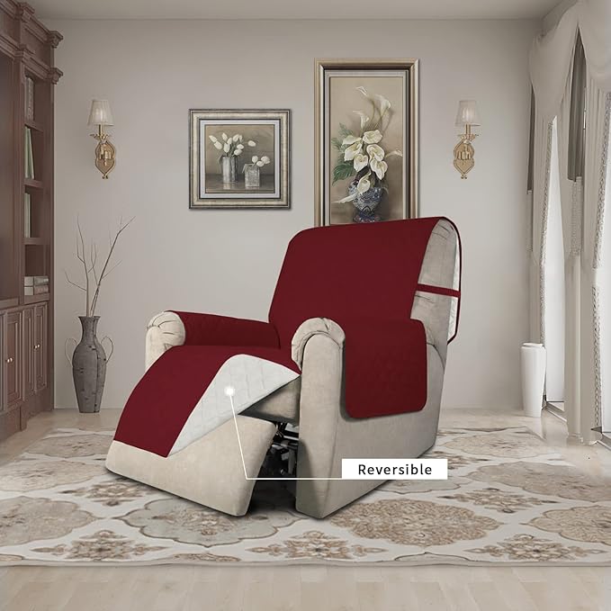 Easy-Going Recliner Chair Slipcover Reversible Sofa Cover Water Resistant Couch Cover Furniture Protector with Elastic Straps for Pets Dog (Recliner 22 inch, Christmas Red/Ivory)