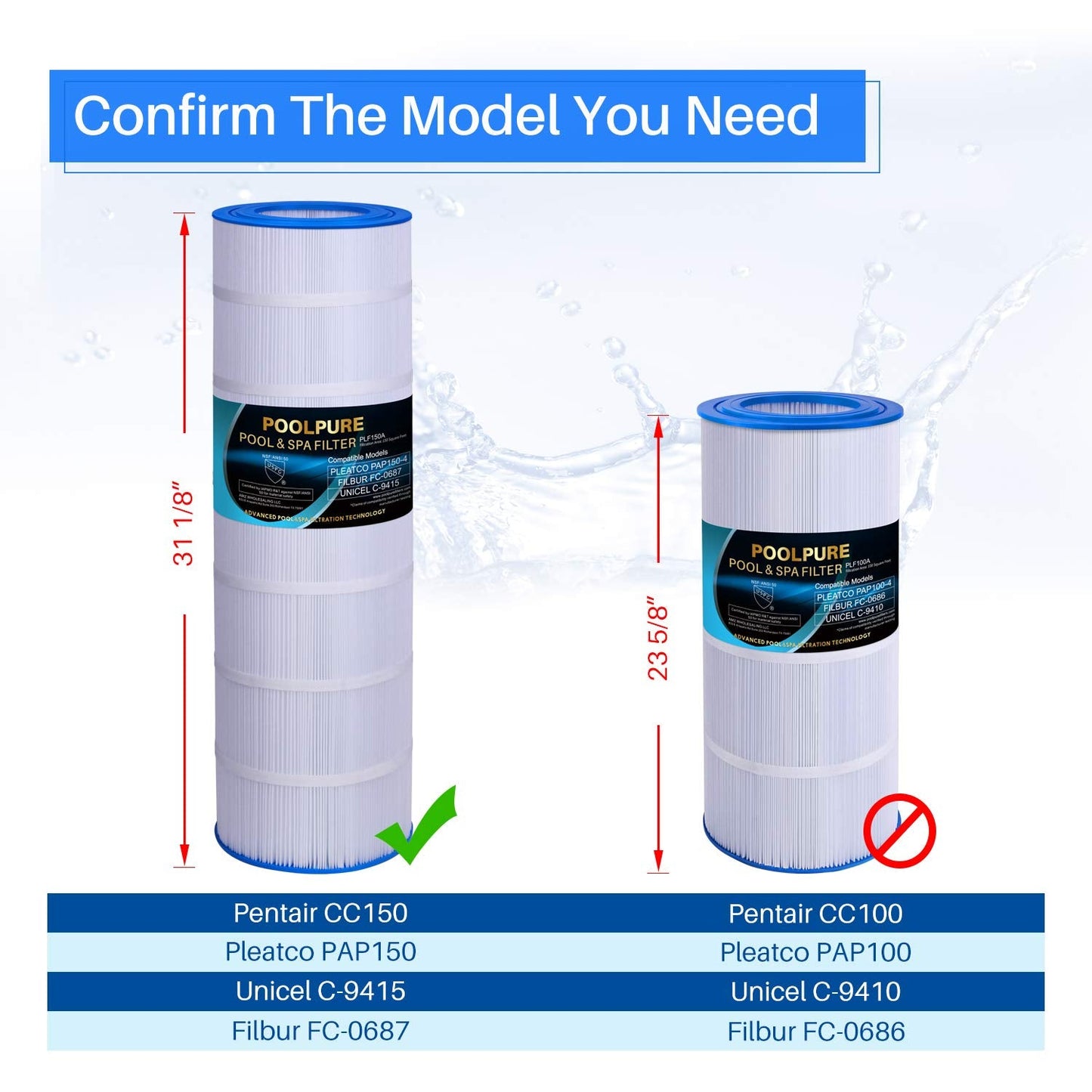 POOLPURE PLF150A Pool Filter Replaces Pentair CC150, CCRP150, PAP150, Ultral-C4, PP-C4, PP-C4-M, Unicel C-9415, R173216, 59054300, Filbur FC-0687, 160317, 160355, 160352, L x OD: 31 1/8" x10 1/16"