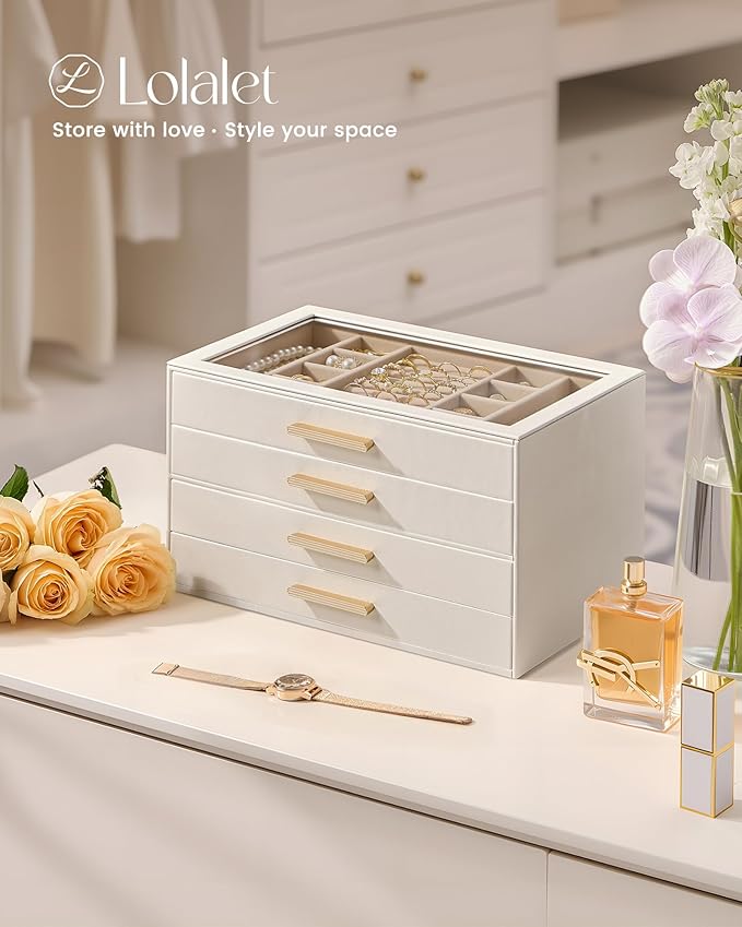Lolalet Jewelry Box Organizer, 4-Layer Jewelry Organizers and Storage Case with Glass Lid, Ring Earring Bracelet Necklace Holder Organizer, Birthday Valentine Gifts for Women Girls -4Layer, Beige