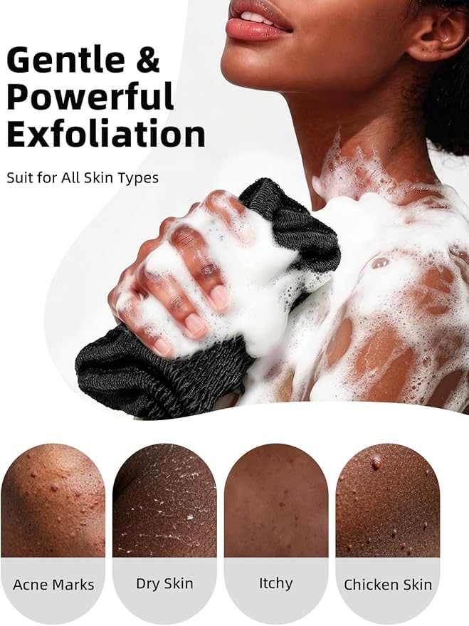 Cleangor 2Pcs African Net Sponge Authentic with Knots - Exfoliating Body Scrubber for All Skin Types, African Bath Sponge, Wash Cloth, Gentle Exfoliation Shower Rag for Women Daily Use (Black & Slate)