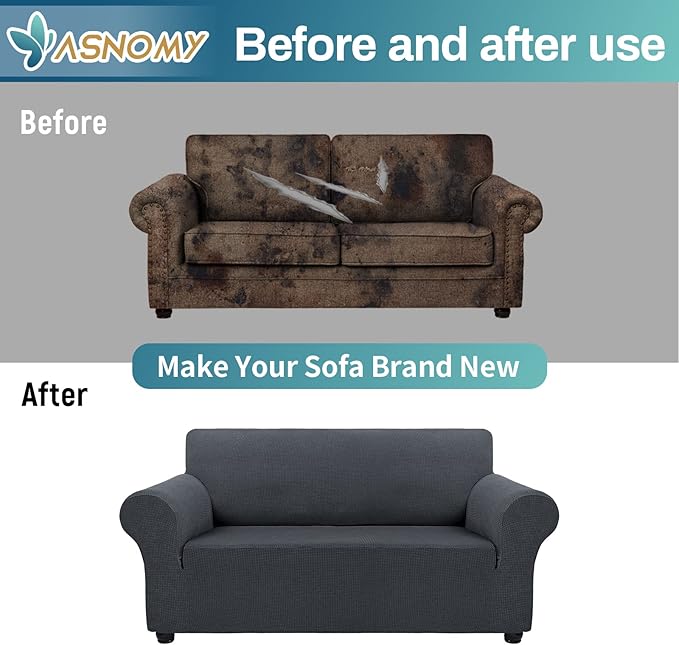 Asnomy Sofa Covers for 2 Cushion Couch Stretch loveseat Covers Slipcovers, Pet Protector Furniture Covers for Dogs Cats Spandex Jacquard Fabric Small Checks （Medium，Charcoal Ash）