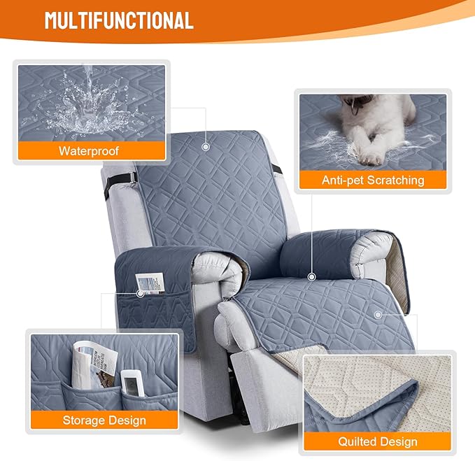 VANSOFY 100% Waterproof Recliner Chair Covers, Recliner Cover Non-Slip Dog Chair Cover Furniture Protector Washable Slipcover with Pocket, Elastic Straps for Pets, Dogs(Slate Gray, 28")