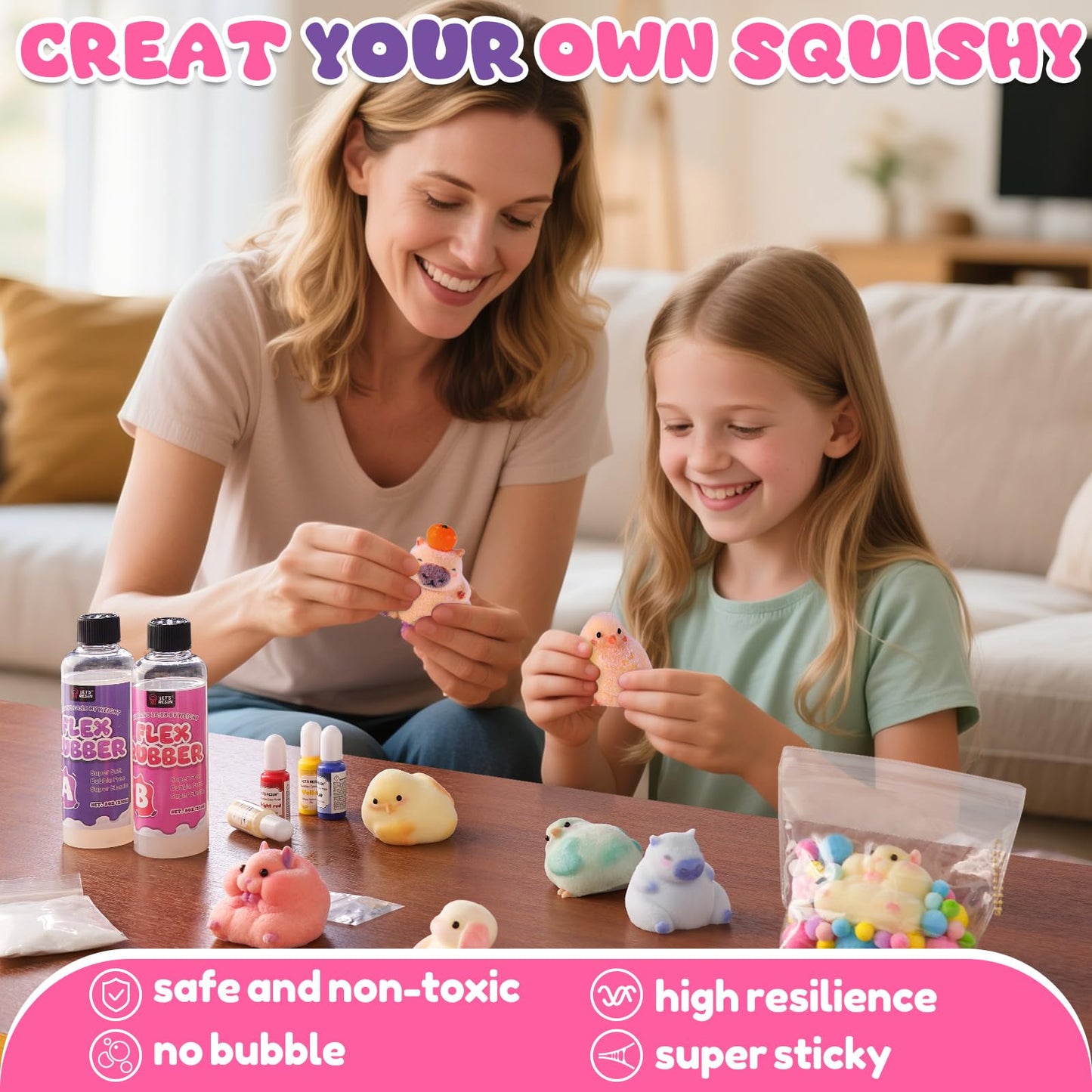 LET'S RESIN Flex Rubber for Taba Squishy Kit, All-in-one Beginner Kit for Squishy Maker, with 16oz Silicone Gel, Hamster/Capybara/Rabbit/Chick Silicone Molds, Color Paste, Flocking Powder, Ideal Gifts
