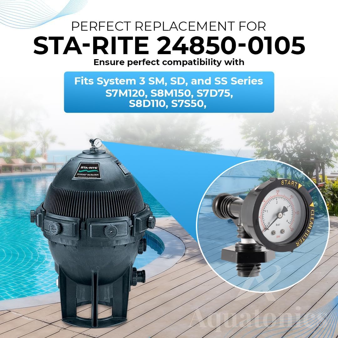 Replacement 24850-0105 Air Relief Valve & Pressure Gauge Assembly for Sta-Rite System 3 Pool & Spa Cartridge Filters - Durable Brass Valve & Dial Gauge for SM, SD, SS Series Models - 1 Year Warranty