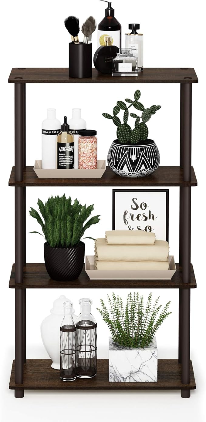 Furinno TURN-N-TUBE Storage Shelves, 4-Tier Toolless Book Shelf, Corner Shelf, Toolless Open Shelves, for Organization and Storage, Living Room, Garage, Home Office, Walnut