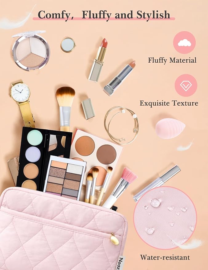 Noozion Makeup Bag Travel Toiletry Bag, Puffy Padded Cosmetic Bag for Women, Makeup Organizer Case, Wide-open Pouch Purse, Travel Essentials