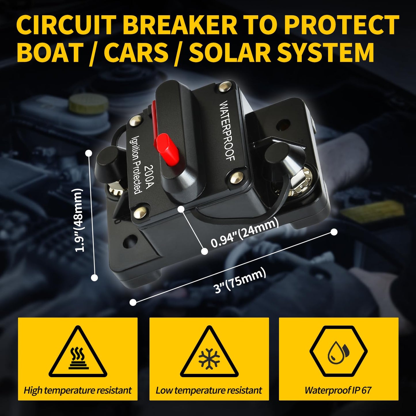 Bolipoeq 200Amp Circuit Breaker DC 12V-48V for Marine Boat Trolling Motor Automotive RV Trailer Car Solar System Battery Disconnect with Manual Reset Switch, IP67 Waterproof (Pack of 4)