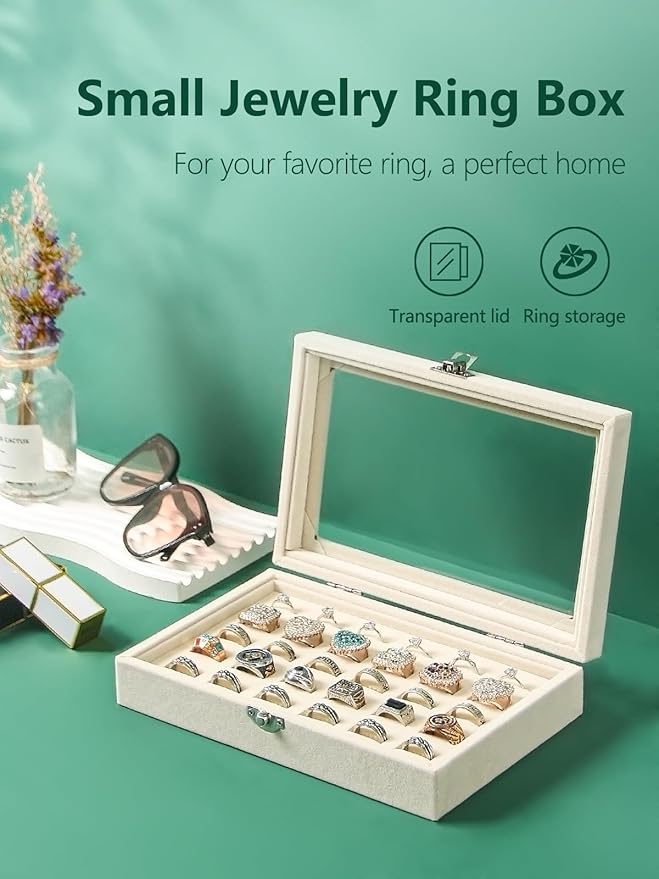 Ring Holder Organizer Box,Jewelry Ring Display Case, Earring Necklace Storage Tray With Top Glass Lid (Beige, 30 Slots Ring)