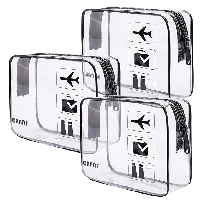 WANDF TSA Approved Toiletry Bag, 2 Packs Travel Clear Toiletry Bag, Quart Size Makeup Cosmetic Pouch with Zipper, Carry-On Airport Compliant Bag for Women and Men(3 pcs, Black)