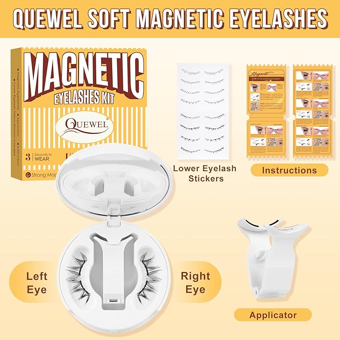 QUEWEL Magnetic-Eyelashes with Applicator, Upgrade 1 Pair Soft Magnetic Lashes, No Glue Needed Reusable Magnetic Eyelashes So Soft and Suitable for Beginners (Soft-Magnetic-A)