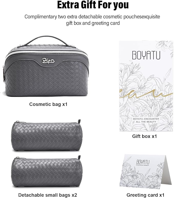 BOYATU Travel Makeup Bag Cosmetic Bags for Women: Large Capacity 3 Pcs Set Make up Bag with Compartments - Waterproof Vegan Leather Toiletry Organizer Bags with Handle (L07Grey)