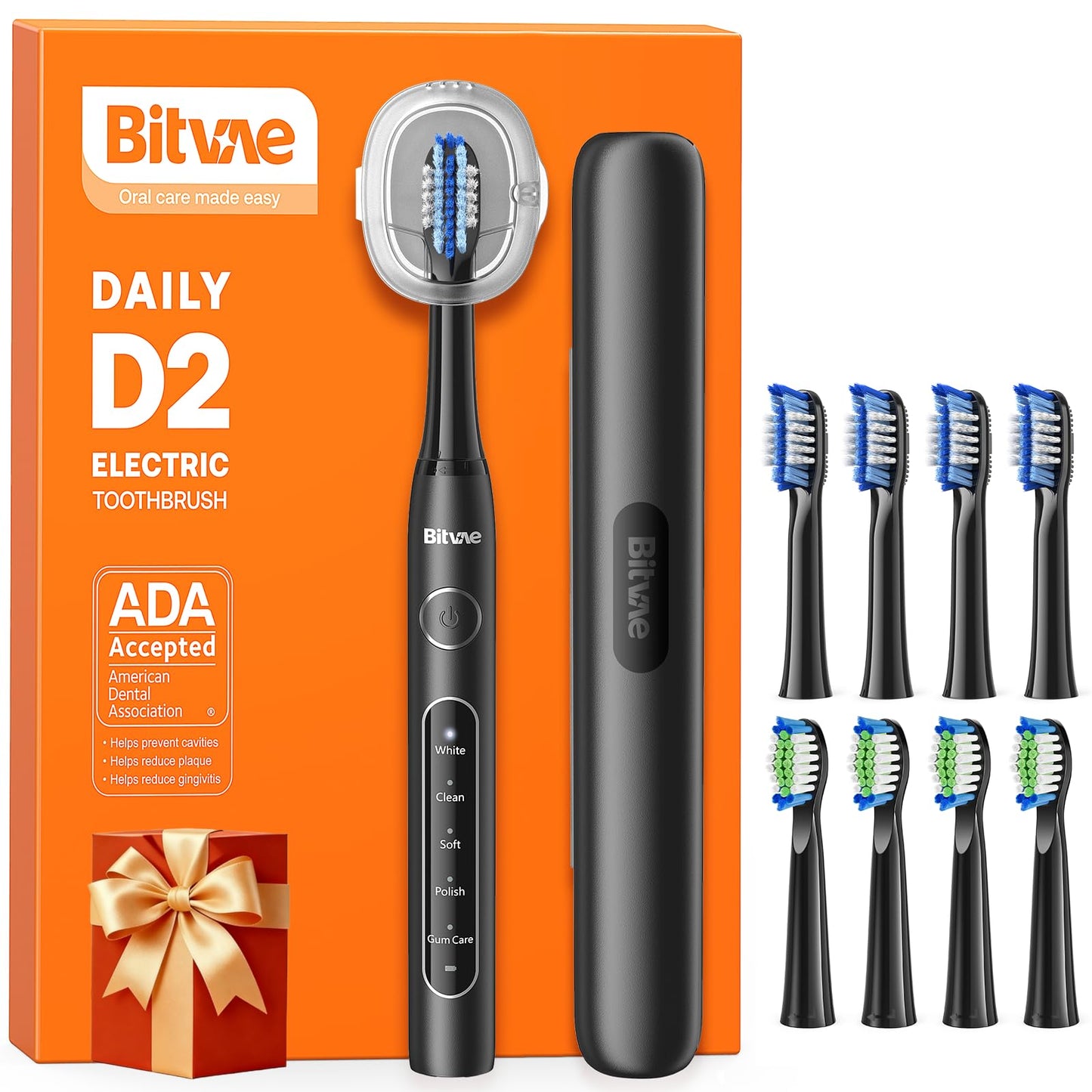 Bitvae D2 Ultrasonic Electric Toothbrush for Adults and Kids, Electric Toothbrush with Rechargeable Power, 8 Toothbrush Heads and 5 Modes, Black