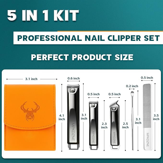 Pro 5-in-1 Nail Clippers Set for Men & Women. Ultra Sharp Stainless Steel Manicure Kit w/Angled Trimmer in Luxury Leather Case. Travel & Home Use