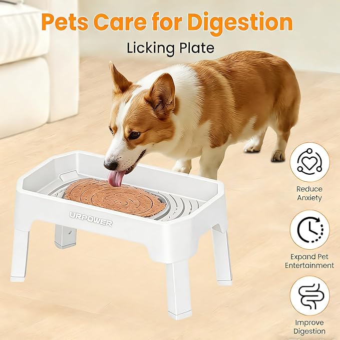 URPOWER 3-in-1 Elevated Dog Bowls - Mess Proof Double Deck 4 Height Adjustable Raised Stand with 2 Stainless Steel Food Bowls & Licking Plate for Small, Medium & Large Dogs