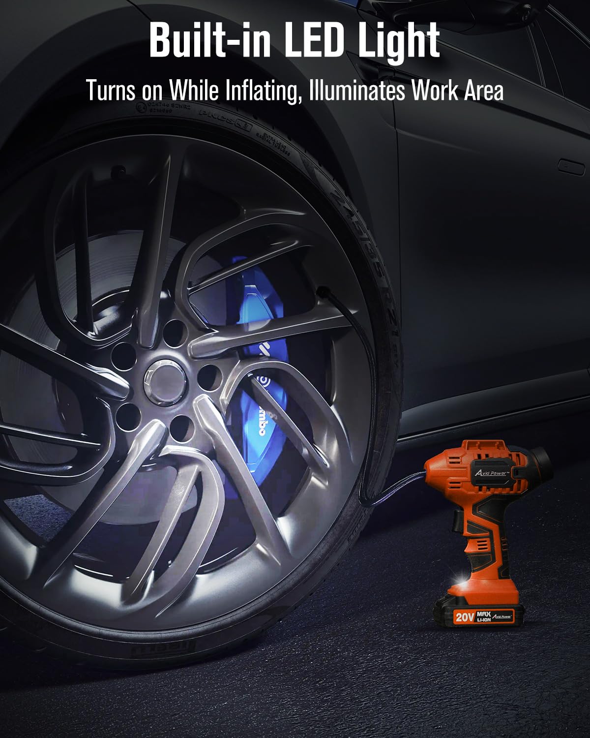 Avid Power Tire Inflator Portable Air Compressor, 20V Cordless Rechargeable Battery Tire Pump w/ 12V Car Power Adapter, Digital Pressure Gauge, Auto Air Pump for Many Inflatables (Orange)