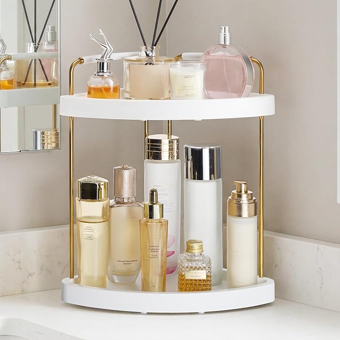 Vtopmart 2-Tier Bathroom Corner Countertop Organizer, Vanity Dresser Counter Tray Shelf for Skincare, Perfume, Makeup, Gold