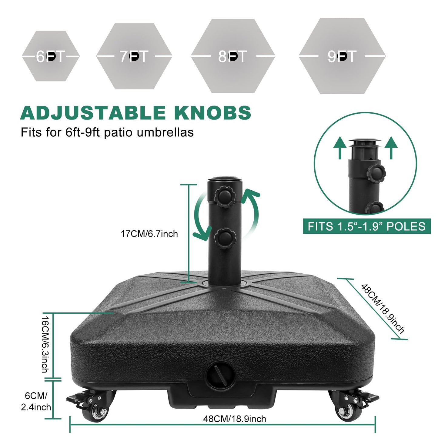RAOKUKH Patio Umbrella Base Heavy Duty with Wheels Square Market Stand for Outdoor 4 Locks 2 Knobs 125lb Capacity, Black