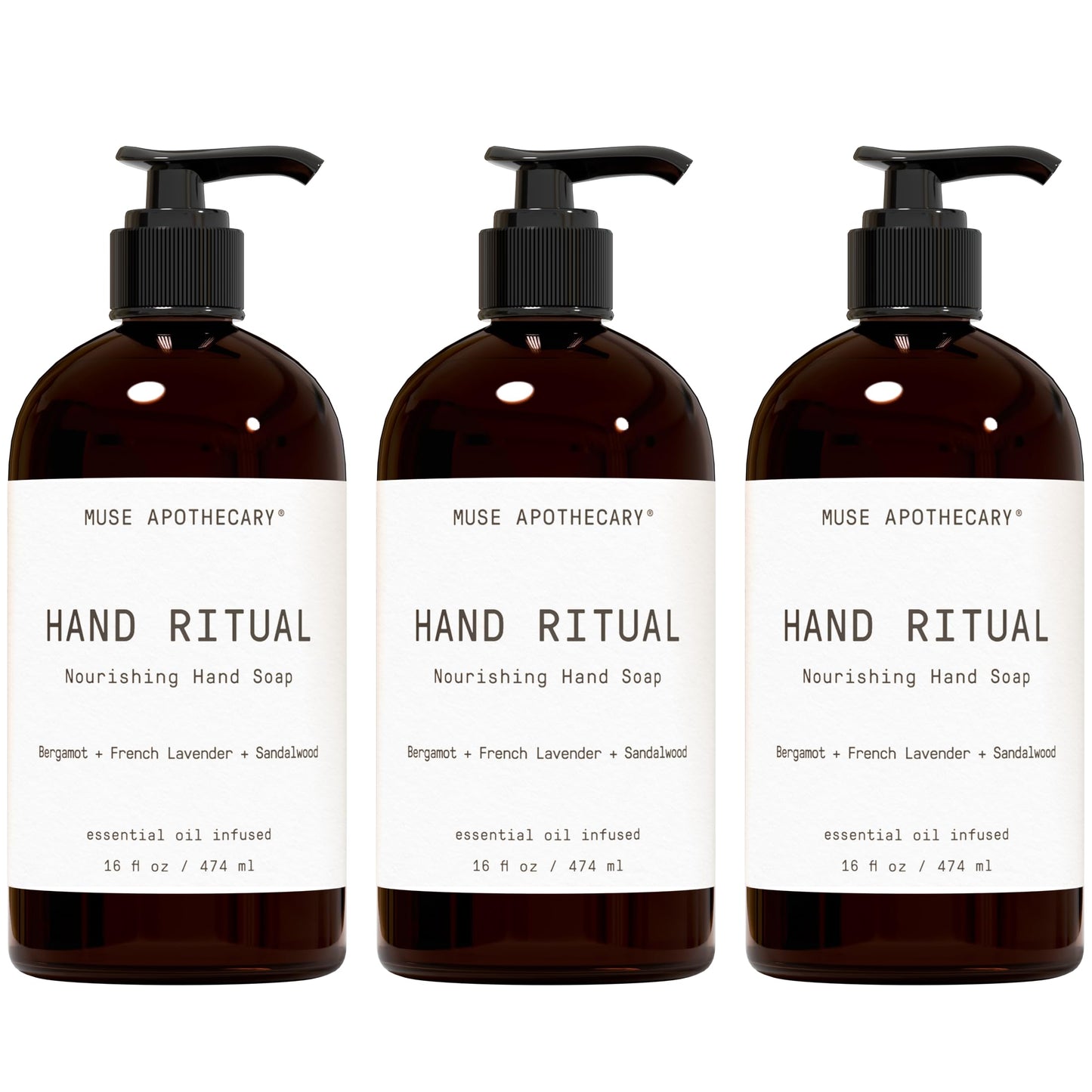 Muse Apothecary Hand Ritual - Aromatic and Nourishing Hand Soap, Infused with Aromatherapy Essential Oils - USDA Certified Biobased - 16 oz, Bergamot + French Lavender + Sandalwood, 3 Pack