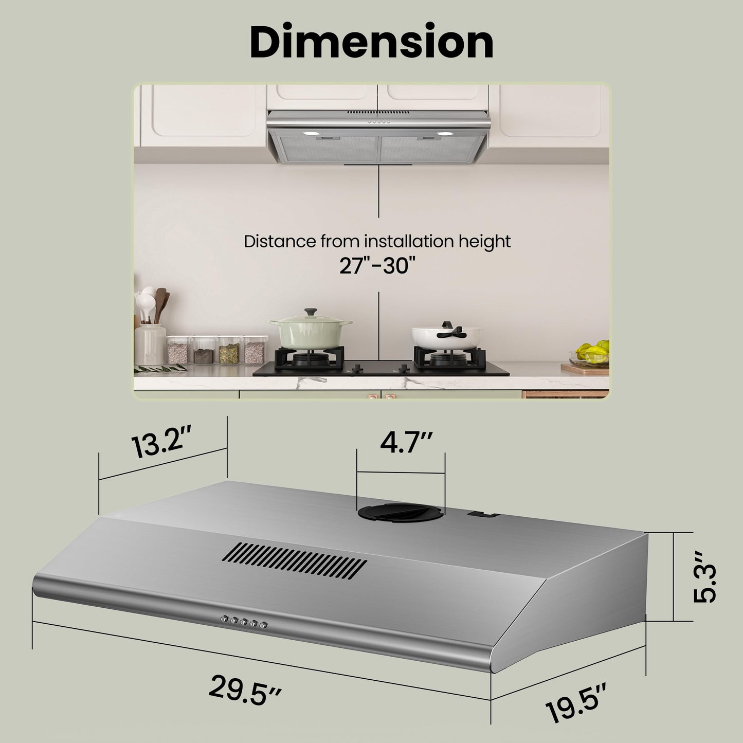 FIREGAS Under Cabinet Range Hood 30 inch, Ducted/Ductless Convertible Kitchen Hood Over Stove Vent, LED Light, 3 Speed Exhaust Fan, Reusable Aluminum Filters, Push Button, with Charcoal Filter