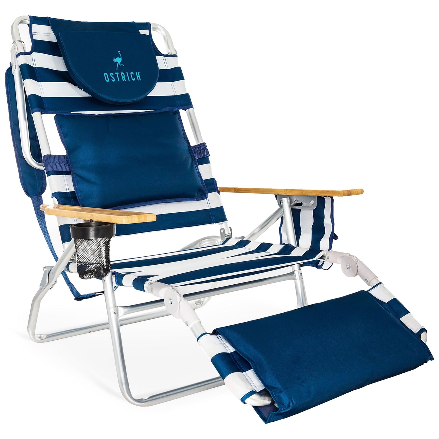 Ostrich the Deluxe 3N1 Lightweight Lawn Beach Reclining Lounge Chair with Footrest, Outdoor Furniture for Patio, Balcony, Backyard, or Porch, Blue Stripe