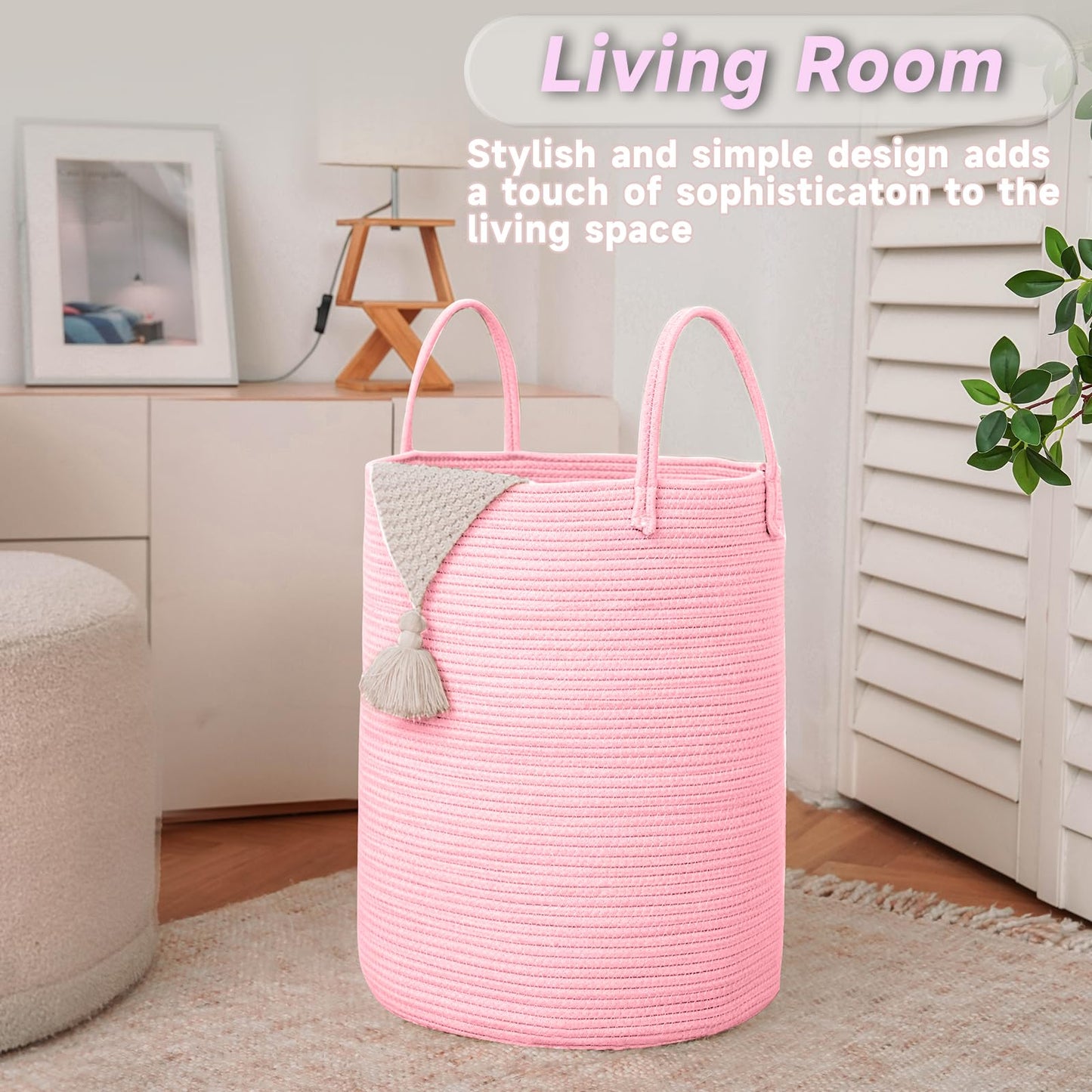JMvicyroam Large Woven Laundry Basket Hamper,80L Cotton Rope Storage Bin for Blankets,Toys and Clothes,Decorative Tall Nursery Hamper for Living Room,Baby Nursery,Bathroom and Bedroom,Pink