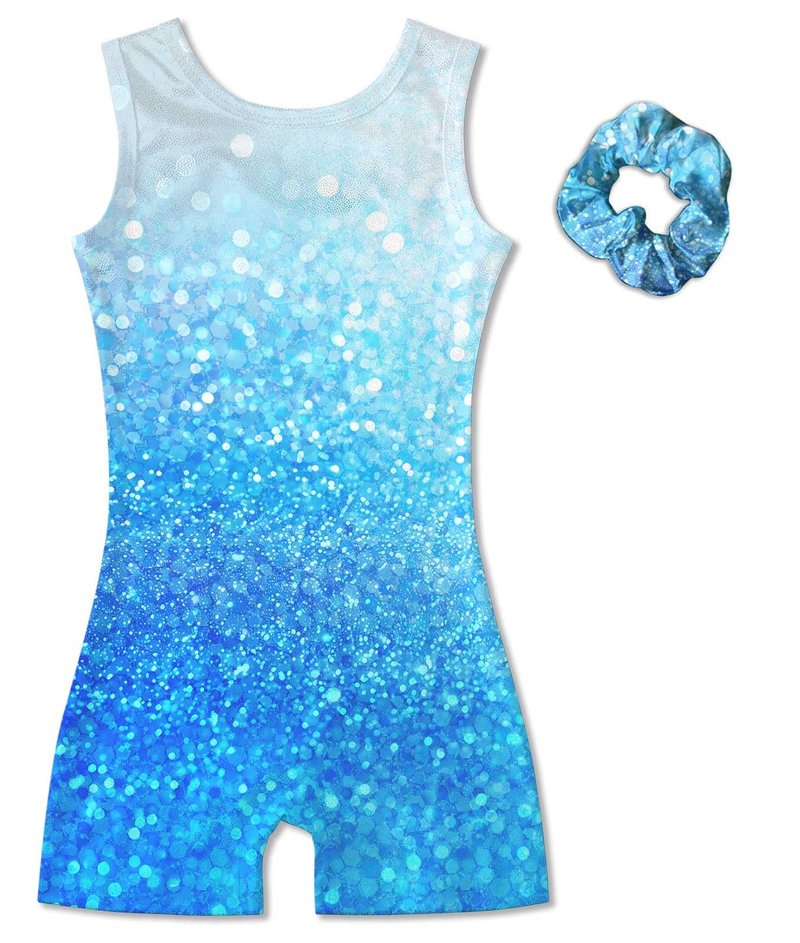 Vogseek Sparkly Gymnastics Leotards for Girls 6 7 Years Cute White Blue Shiny Dots Ballet Dance Unitards Biketards with Hair Scrunchie Kids Tumbling Shorts Activewear Clothes, Blue