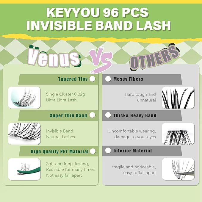 KEYYOU Venus Lash Clusters C Curl Fairy Lash Extension Eyelash Extension Wispy Natural Invisible Band Lash with Waterproof DIY Lash Extension at Home(Venus-C-14MM)