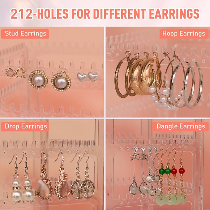 360 Rotating Earring Holder Organizer Stand,5 Tiers Acrylic Jewelry Organizers and Storage,Stud Earring Organizers and Storage,212 Holes and 212 Grooves for Earrings Necklaces chain bracelet